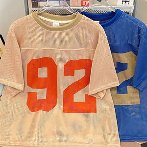 Camiseta de Verano Vintage Unisex Azul Oversize de Malla Transpirable con Estampado y Cuello Redondo, Manga Corta, Versátil - Product Image 4