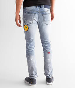 ג'ינס סקיני כחול בגזרת סטונ-ווש, אופנת רחוב לגברים, איכות גבוהה, בסגנון Y2K, עם רקמה בד, אינדיבידואליות פאנקית. - Product Image 3