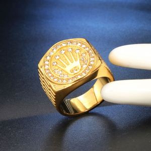 แหวนชุบทอง ดีไซน์คลาสสิคแบบตราประทับ พร้อมลุคหรูหรา หน้าวงรีประดับเพชรคิวบิกเซอร์โคเนีย ลายมงกุฎ วงหนา ขัดเงาสีทอง - Product Image 4