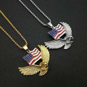 Collier avec pendentif aigle en acier inoxydable, ton or et argent, drapeau américain en résine, bijoux cadeau unisexe - Product Image 1