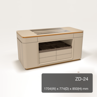 Table de dressing îlot en cuir microfibre crème 1704x774x850mm avec plateaux de rangement et 4 tiroirs, finition dorée