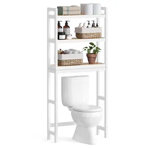 SONGMICS Easy Assembly White 3-Tier Bamboo Over Toile Bathroom Organizer Adjustable Shelf Over The Toilet Storage