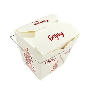 Disposable white craft paper curry rice noodle cookie cake salad box with handle fast food meal boxes