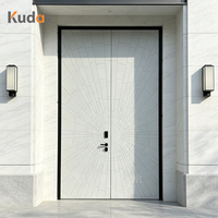 Porte d'entrée double géométrique minimaliste blanche mate sculptée pour villa moderne, porte principale extérieure pour maison résidentielle