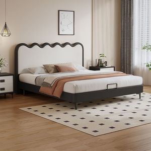 <span class=keywords><strong>Lit</strong></span> double confortable <span class=keywords><strong>de</strong></span> style français en bois crème avec cadre en silicone et cuir, design artistique ondulé, pour chambre <span class=keywords><strong>de</strong></span> garçons et filles - Product Image 1