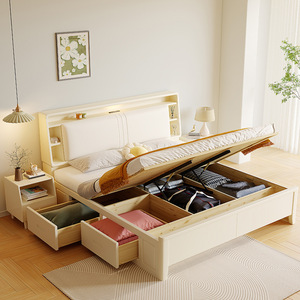 Dazhang Jiaju Cream <b>White</b> Solid Wood <b>Bed</b> 1.5m <b>Storage</b> Lighted Headboard Modern Bedroom Furniture - Product Image 4