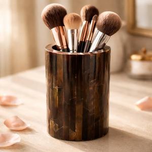 Modern Bamboo <b>Toothbrush</b> <b>Holder</b> with Polished Black Resin Cup Bathroom Decor Minimalist Bamboo and Resin Storage Cup - Product Image 3