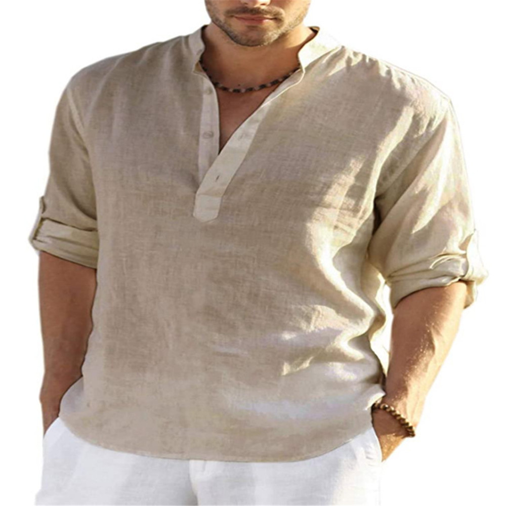 Beige Weave-Textured V-Neck Shirt