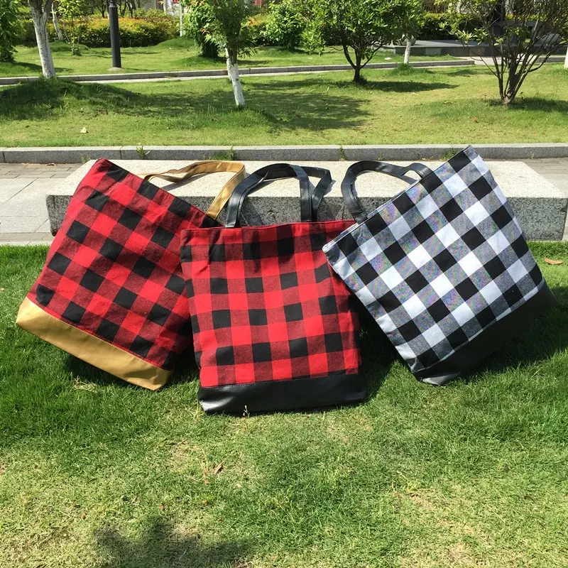 Fashion Weekender Shoulder Ladies Plaid Tote Bag Christmas Canvas Shoulder Travel Buffalo Plaid Tote Bags