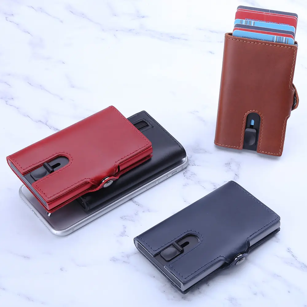 Men's Private Label Ultra Thin Aluminum Metal Wallet Genuine Leather RFID Blocking Mini Slim Minimalist Wallet Card Holder