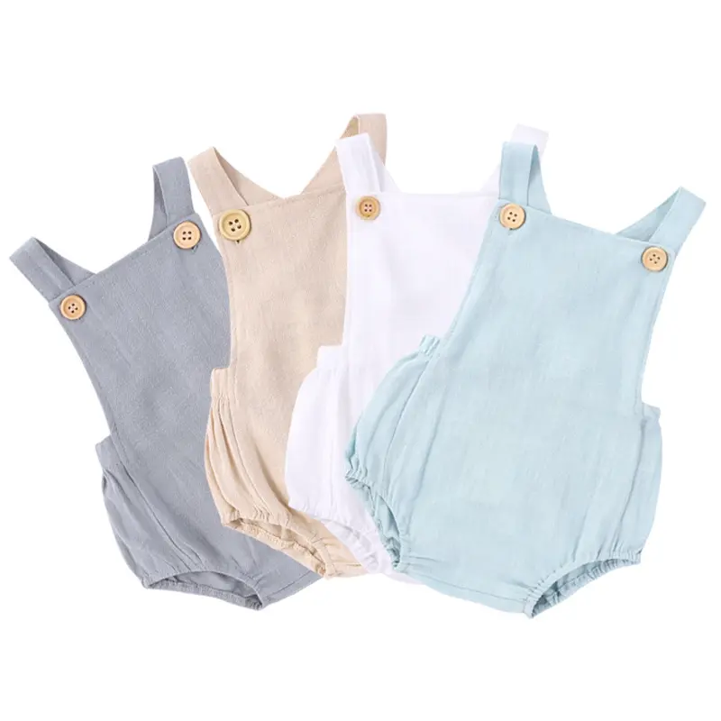 Yenidoğan bebek giysileri düz pamuk keten kayışı Romper Unisex BabyJumpsuit doğal çocuk giyim