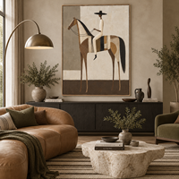 Peinture sur toile géométrique style américain vintage, cavalier, beige neutre, marron, art mural pour hôtel, villa, club équestre, décoration
