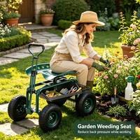 Chariot de jardin roulant avec poignée de direction extensible, siège pivotant et panier – Scooter de jardin pour pelouse, jardinage et désherbage