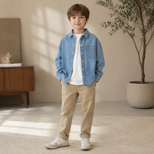 Chemise en jean pour enfants, délavage clair, boutonnée, manches longues, coupe décontractée, pour garçons et filles, style superposé, décontractée, tailles 110-170, personnalisable OEM - Product Image 3