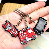 Porte-clés en caoutchouc souple PVC, décoration de sac à dos DIY, porte-clés camion de pompiers de dessin animé pour enfants garçons, cadeaux de fête de pompier