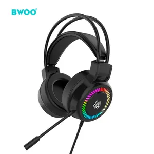 BWOO Headphone Gaming Kabel Suara Surround Kualitas Tinggi dengan Mikrofon Led Warna-warni Desain Lampu Headset Gaming Komputer