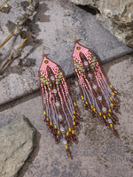 Boucles d'oreilles longues de fée faites à la main, style européen et américain, avec pampilles en cristal rose et perles de riz contrastées rose et violet