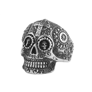 Stainless Steel Metal Gold PVD Plated Biker Crosbones Sugar Skull ring for men