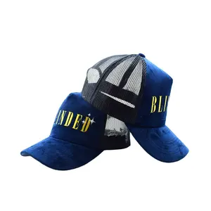 Gorra de camionero de terciopelo con logotipo bordado personalizado de alta calidad 2024, gorra de camionero de terciopelo de malla de 5 paneles