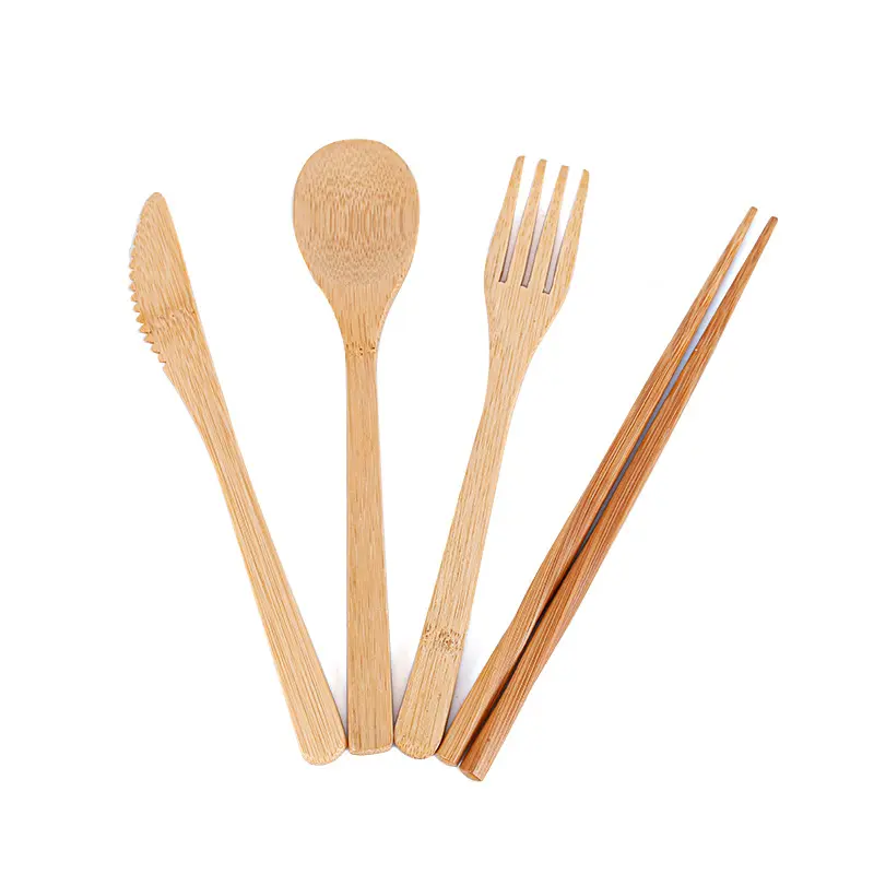 Utensílios de madeira de bambu natural, facas, garfos, colheres e pauzinhos, utensílios portáteis para mesa, bifes e comida ocidental, 4 unidades por conjunto