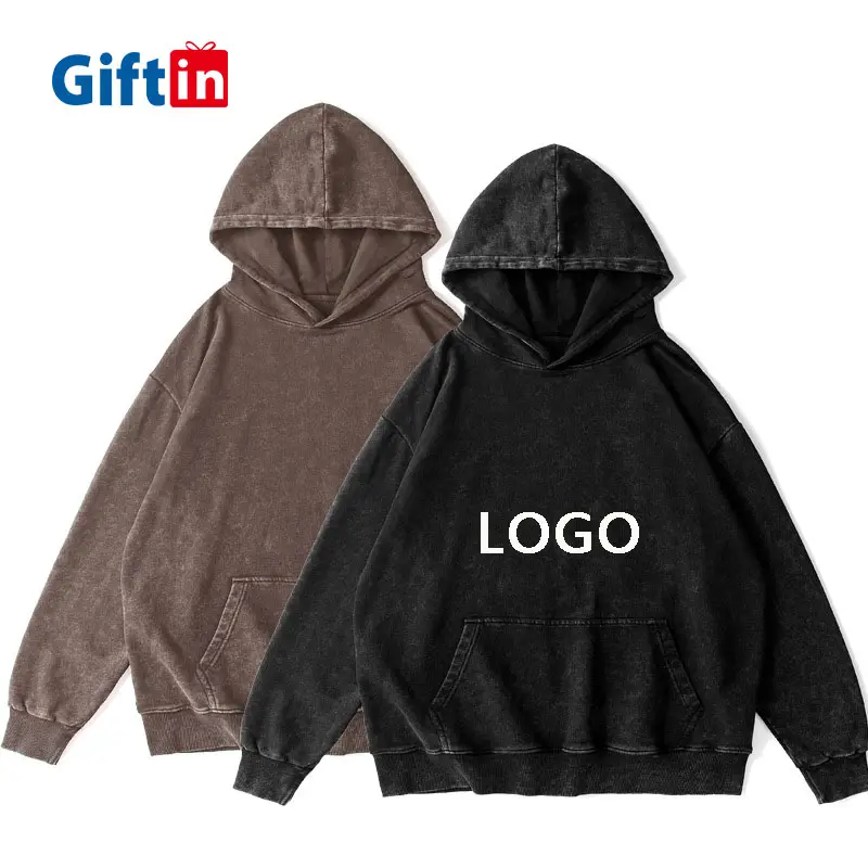 Hoodie pria jalanan kustom grosir warna Solid Sweatshirt leher tiruan berat Hoodie cuci asam antik 500 Gsm