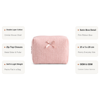 Sac de toilette de voyage mignon et pratique en tissu crêpe de coton double couche, léger, durable, avec fermeture éclair et nœud