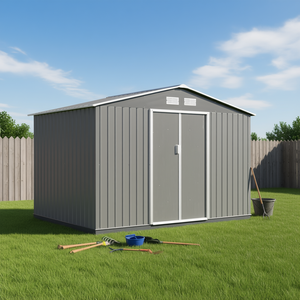 D0100XFF0YT Cobertizo de Almacenamiento Metálico Gris 9x6 con Base, 2 Puertas Corredizas, para Uso en Exteriores, Jardín o Patio Trasero - Product Image 2