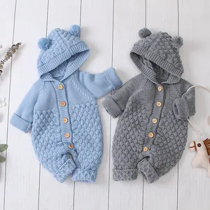 Barboteuse solide pour bébé tricoté à manches longues avec capuche body pour bébé automne extérieur coupe-vent vêtements pour bébé