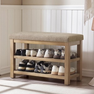 Banc en bois <span class=keywords><strong>avec</strong></span> coussin et tiroir dissimulé, meuble <span class=keywords><strong>d</strong></span>'<span class=keywords><strong>entrée</strong></span> à 2 niveaux <span class=keywords><strong>avec</strong></span> coussin, étagère à chaussures en bois massif de style mid-century, mobilier moderne pour la maison - Product Image 6