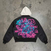 Blouson Bomber à Capuche en Polyester à Double Couche avec Motif Gaufré Noir et Blanc, Impression DTG Personnalisée au Dos, Blouson Bomber Varsity