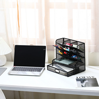 Organisateur de bureau multifonctionnel en maille métallique noire pour stylos et crayons, tiroir avec plateaux pour fournitures de bureau et artistiques, vente en gros
