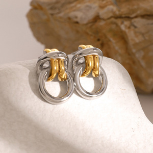 Knot Earrings Stainless Steel Gold <b>Silver</b> Color Block Double Ring Geometric <b>Stud</b> Fashion Jewelry - Product Image 4