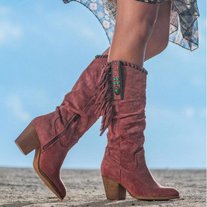 Venta al por mayor <span class=keywords><strong>botas</strong></span> de borlas de media pantorrilla para <span class=keywords><strong>mujer</strong></span> invierno nueva moda Retro cabeza grueso tacón alto cuero de gamuza mate ESTILO OCCIDENTAL - Product Image 3