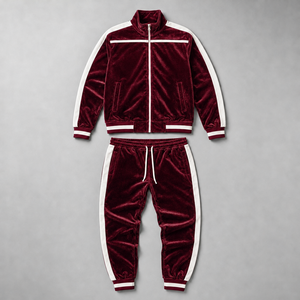 Custom OEM Factory High Quality Burgundy <b>Velour</b> Side Stripe Full Zip Track Jacket And Jogger Pants Set <b>Mens</b> <b>Tracksuits</b> - Product Image 1