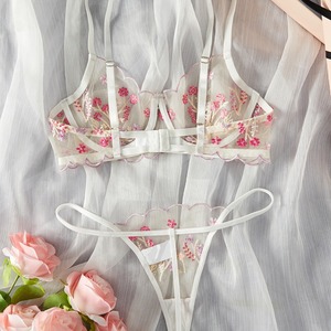 Wholesale Floral Embroidery Lace Lingerie <b>Set</b> <b>Sexy</b> Sheer Mesh Underwire Bra and Thong Panties <b>Set</b> 2 Piece Romantic Intimates <b>Set</b> - Product Image 3