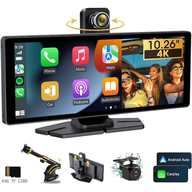 9.3 Inch Portable Touch Screen Carplay Android Auto Display Multimedia 360-Degree Rotatable 2K+1080P Camera FM Transmitter Car