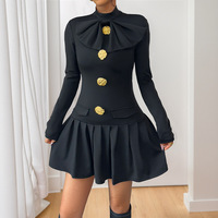 Robe plissée élégante pour femme avec nœud papillon et col montant, mini-robe pour l'église