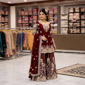 Ensemble de vêtements de mariage traditionnels indiens pakistanais pour femmes, en soie marron brodée, longueur au sol, avec travail au fil d'or - Product Image 1