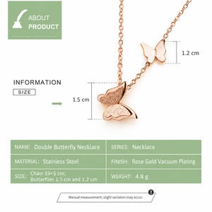 Collier double papillon en acier inoxydable plaqué or rose sous vide, pendentif texturé et lisse, chaîne réglable - Product Image 2