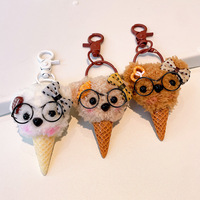 En gros, Porte-clés et breloque de sac en peluche ours mignon et moelleux, style Kawaii, avec lunettes et nœud décoratif, et pendentif ours mini cornet de gaufre