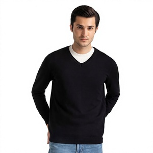 Pull en tricot à col en V noir pour homme, manches longues, couleur unie, style automne, coupe classique - Product Image 3