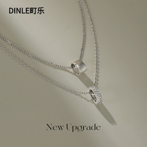 Dinle Double <b>Ring</b> Pendant <b>Necklace</b> Stainless Steel Geometric Design Daily Wear Gift Jewelry - Product Image 1