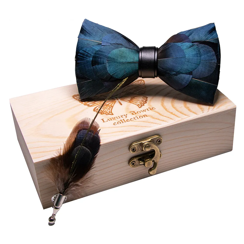 Spilla papillon in pelle blu scuro fatta a mano con fiocco in piuma con confezione regalo accessori da cerimonia per feste formali