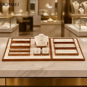 WEIMEI Cream Velvet Wood & Leather <b>Ring</b> Trays <b>Necklace</b> Bust Earring Trays for Boutique Jewelry Store Counter Jewelry Display Set - Product Image 3