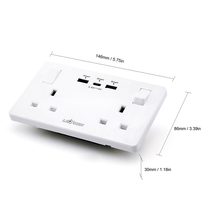 Wall Socket Double Switched with 2USB and 1 Type C Fast Charging 13 Amp 2 Gang White Electric Socket · image 3