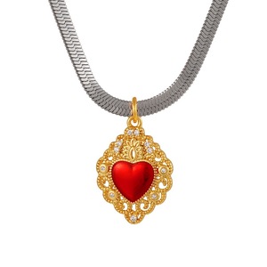 จี้รูปหัวใจศักดิ์สิทธิ์ของพระเยซู BD-D995 ประดับด้วยอัญมณีรูบี้ พร้อมสร้อยคอทองแดงประดับลูกปัดและโซ่เงิน สร้อยคอหรูหราสำหรับผู้หญิง - Product Image 6
