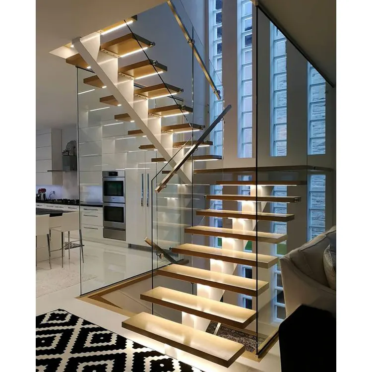 Contemporary Floating Staircase with Wood Tread Invisible Stringer Straight Stairs Modern Home Use Floating Stairs