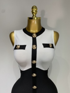 Nuovi Arrivi: Abito Aderente da Donna con Bottoni Dorati, Bianco e <span class=keywords><strong>Nero</strong></span>, <span class=keywords><strong>Elegante</strong></span> Senza Maniche per Feste - Product Image 5