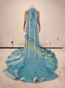 Vestido de Noche Elegante Azul con Cristales Brillantes para Mujer, Modelo 2024, Estilo Princesa con Cola Larga, Diseño Natural Simple con Estampado - Product Image 4