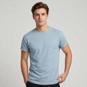 Camiseta de Algodón Azul Claro para Hombre, Manga Corta, Cuello Redondo, Corte Regular, Informal, Transpirable, Color Sólido - Product Image 1